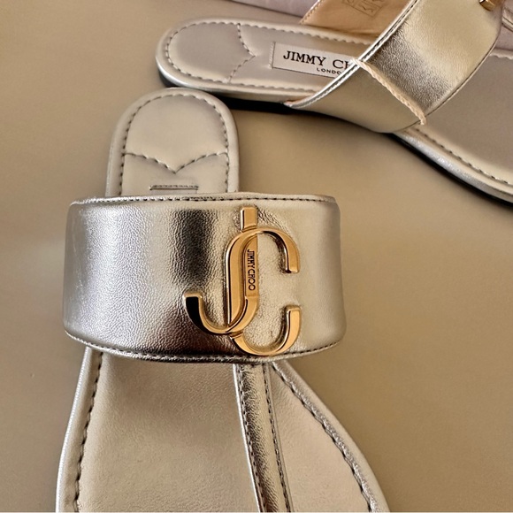 NIB JIMMY CHOO Flat Sandals Logo Leather Silver  Size 7 - Picture 6 of 10